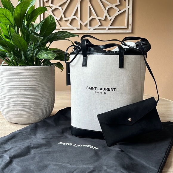 Saint Laurent Teddy Off-White Coated Linen Drawstring Bucket Bag - Picture 2 of 15